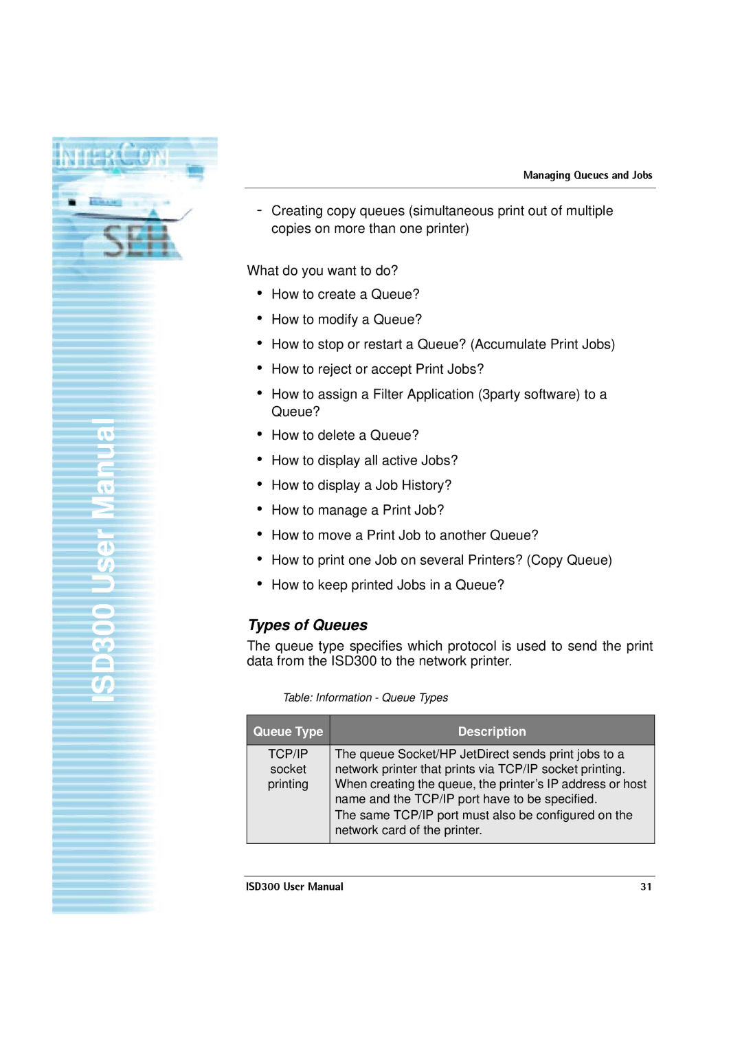 SEH Computertechnik ISD300 user manual Types of Queues, Queue Type Description 