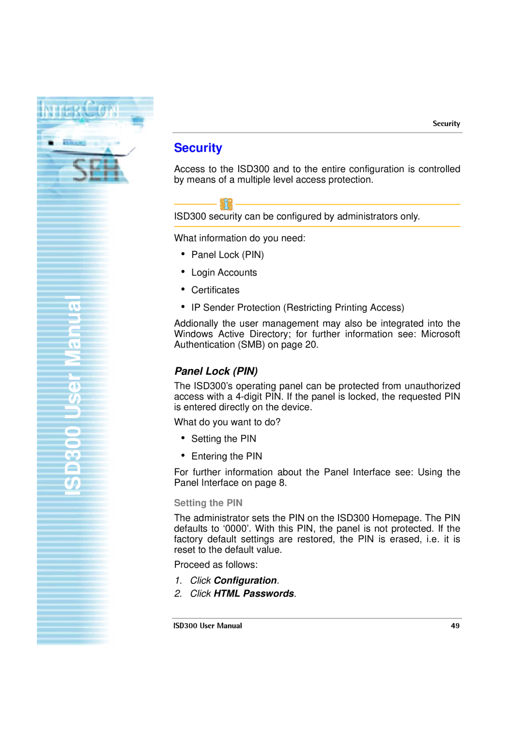 SEH Computertechnik ISD300 user manual Security, Panel Lock PIN, Click Configuration Click Html Passwords 