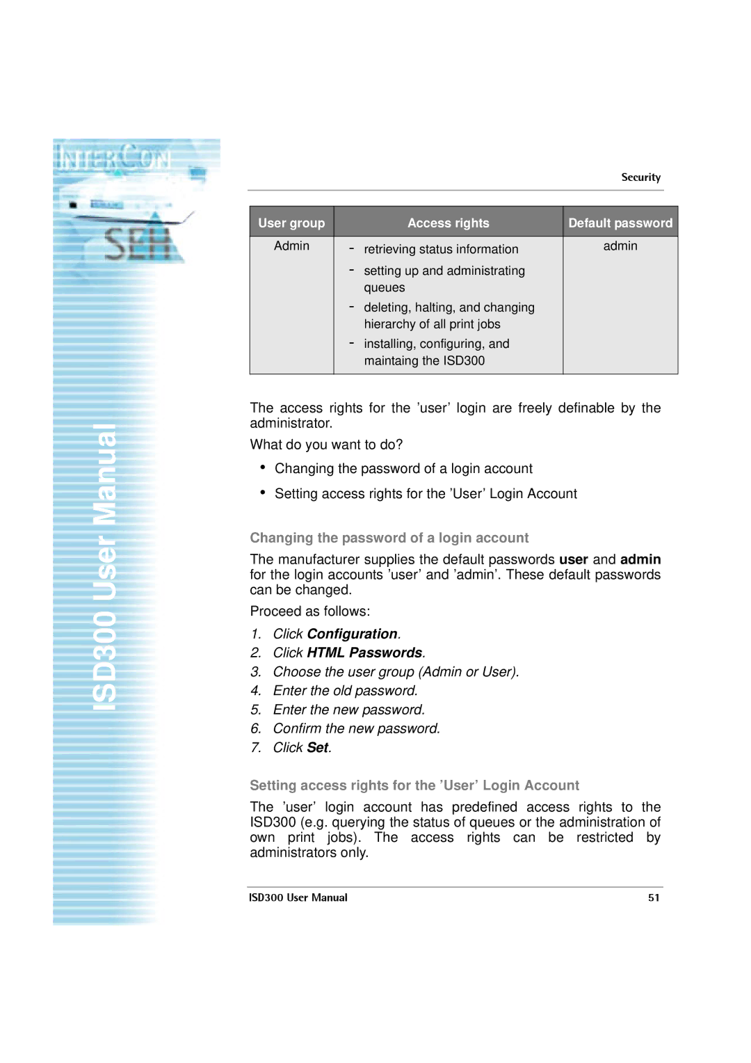 SEH Computertechnik ISD300 user manual Changing the password of a login account 