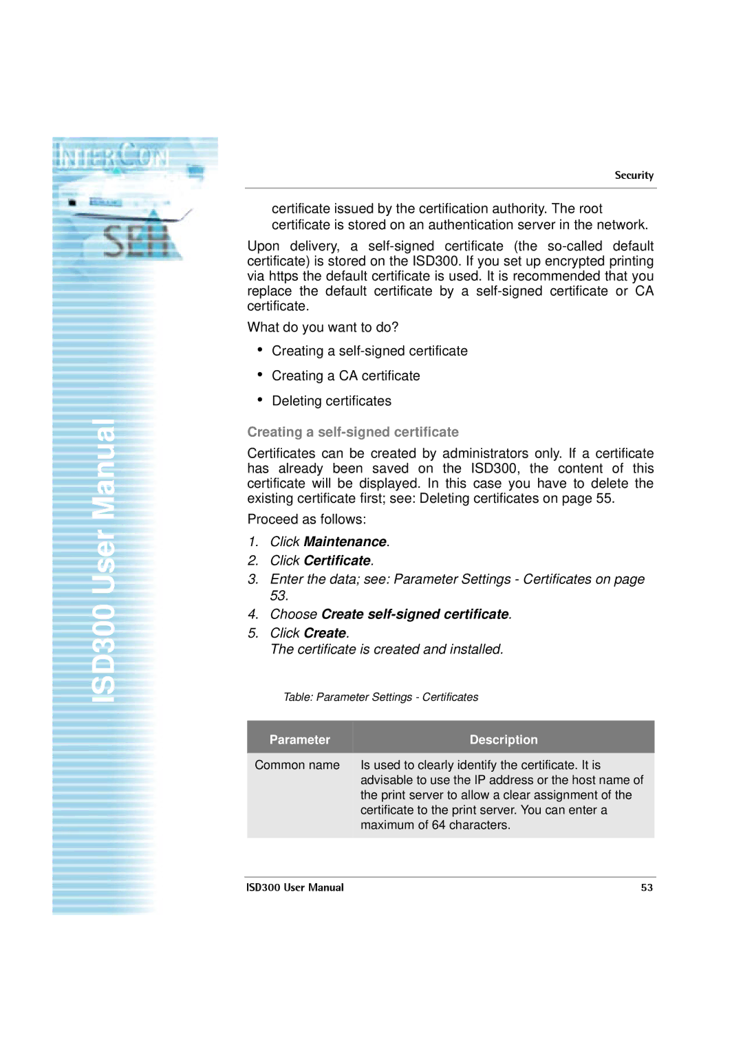 SEH Computertechnik ISD300 user manual Click Maintenance Click Certificate, Choose Create self-signed certificate 