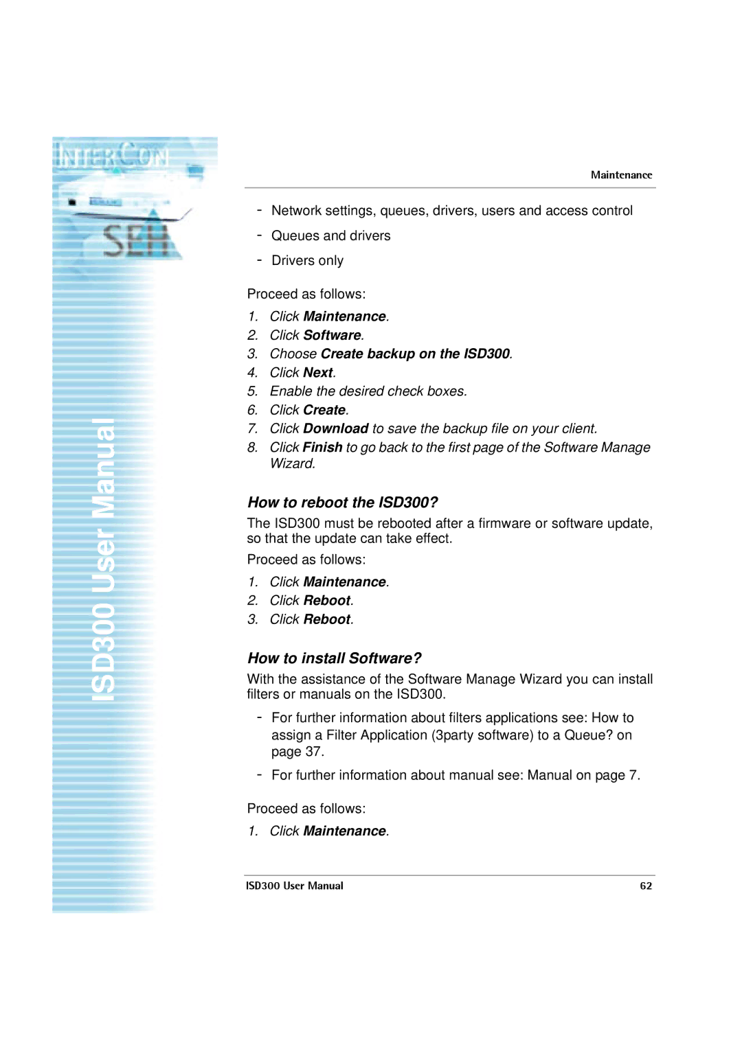 SEH Computertechnik user manual How to reboot the ISD300?, How to install Software?, Click Maintenance 