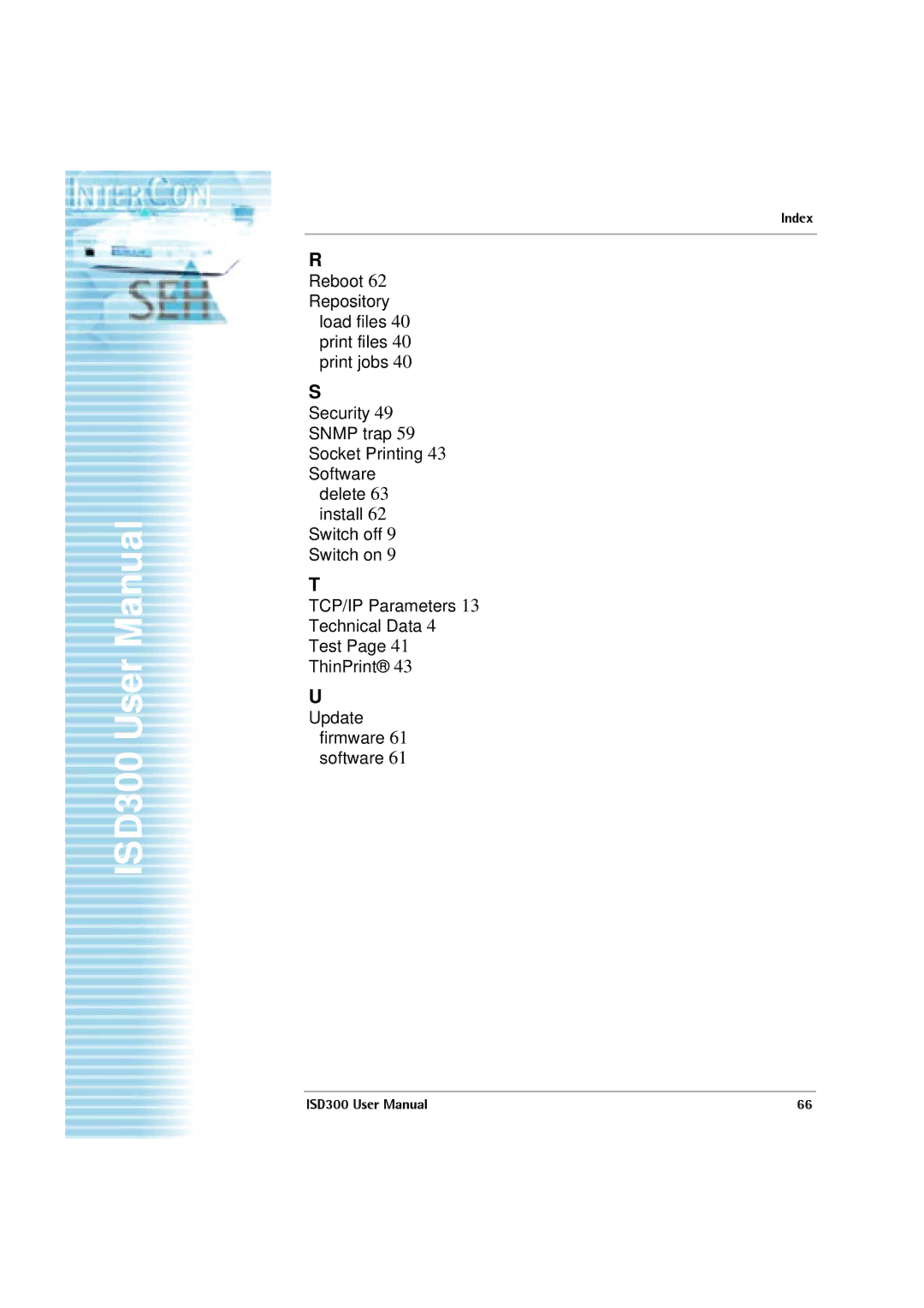 SEH Computertechnik ISD300 user manual Delete 63 install 62 Switch off 9 Switch on 