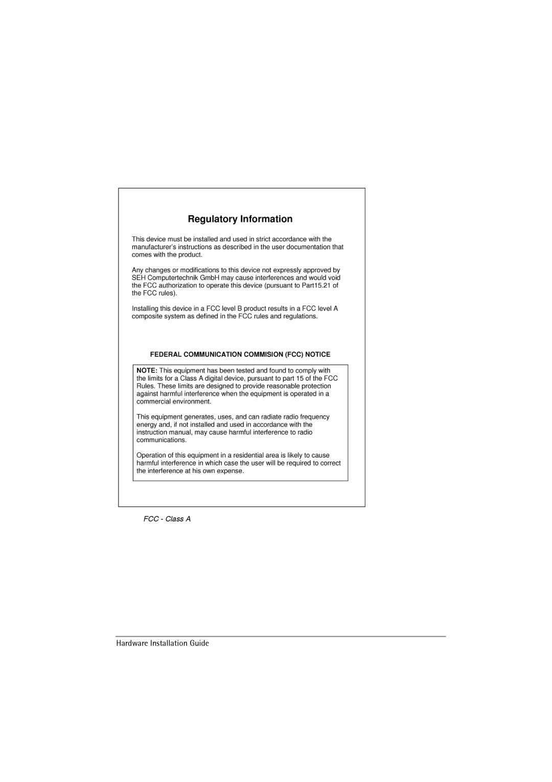 SEH Computertechnik PS1109 manual FCC Class a 