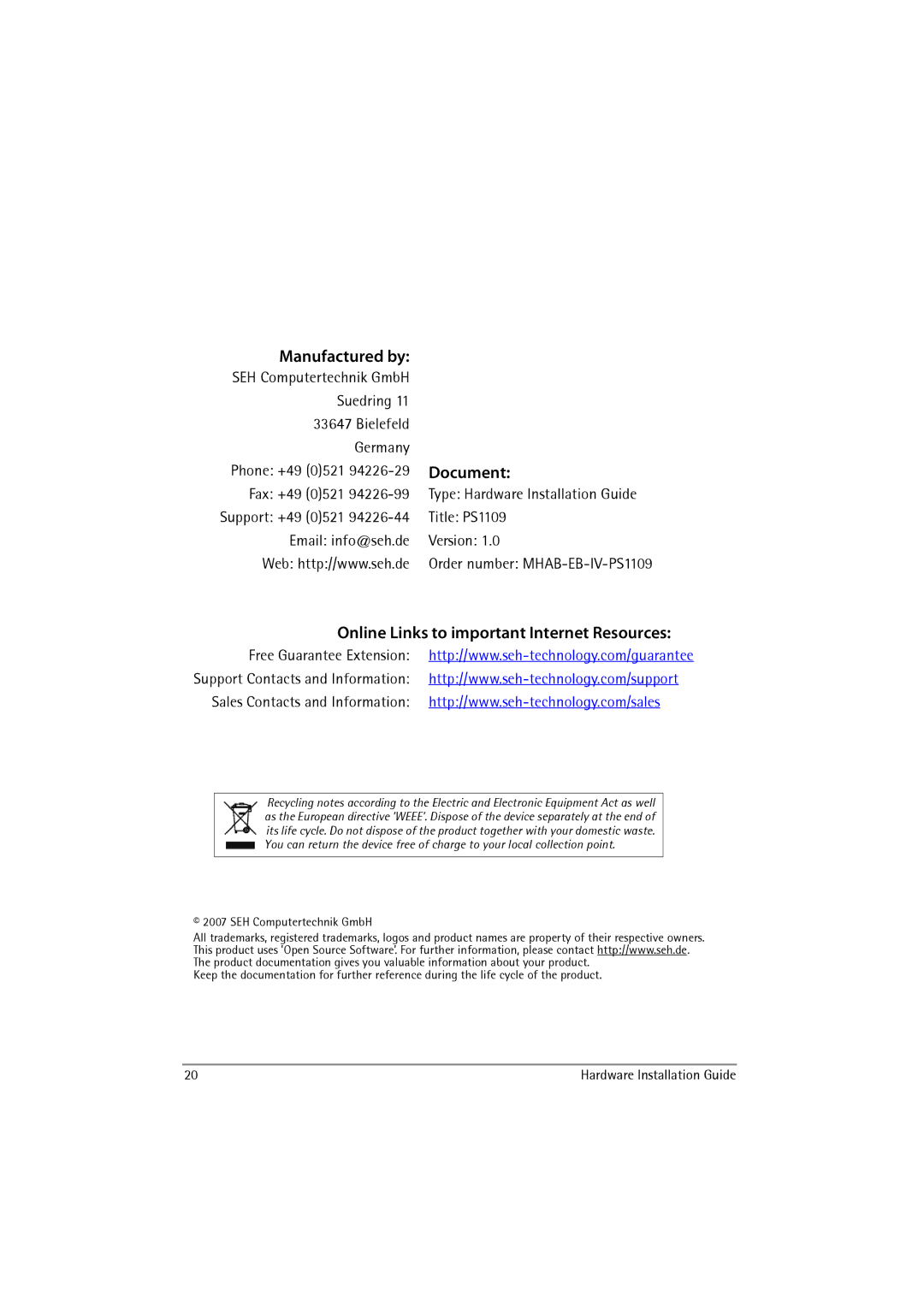 SEH Computertechnik PS1109 manual Manufactured by 