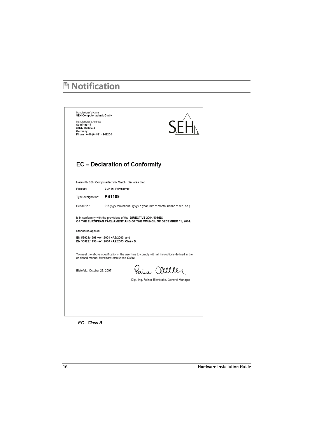 SEH Computertechnik PS1109 manual Notification, EC - Class B, Hardware Installation Guide 