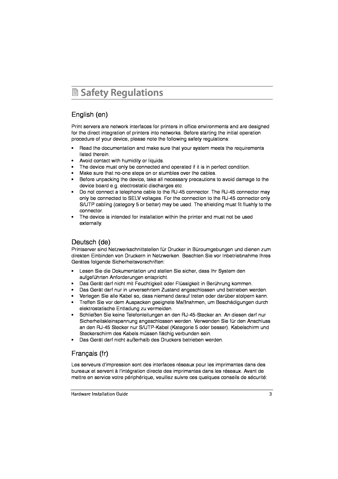SEH Computertechnik PS1109 manual Safety Regulations, English en, Deutsch de, Français fr 
