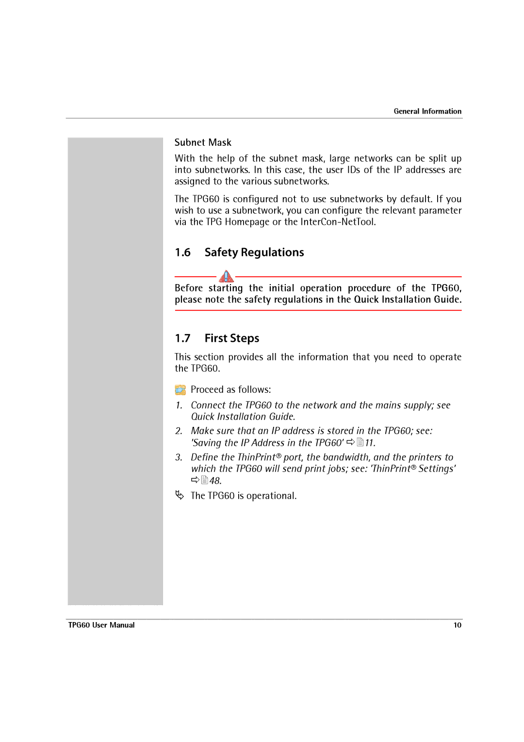 SEH Computertechnik TPG60 user manual Safety Regulations, First Steps, Subnet Mask 