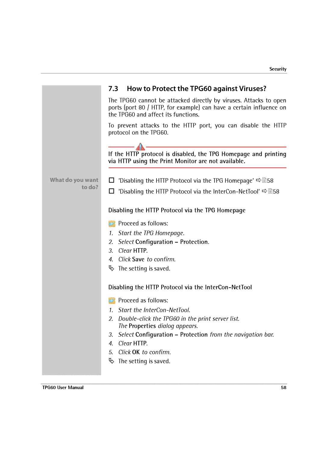 SEH Computertechnik How to Protect the TPG60 against Viruses?, Disabling the Http Protocol via the TPG Homepage 