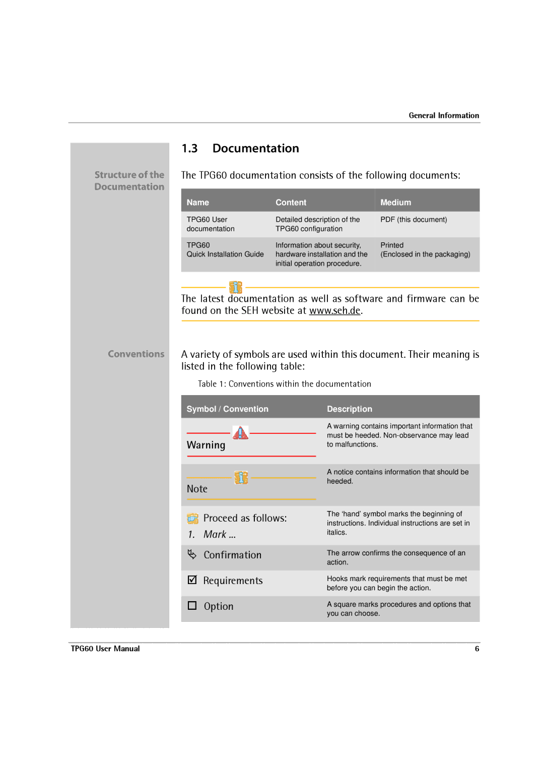 SEH Computertechnik TPG60 user manual Documentation, Conventions within the documentation 