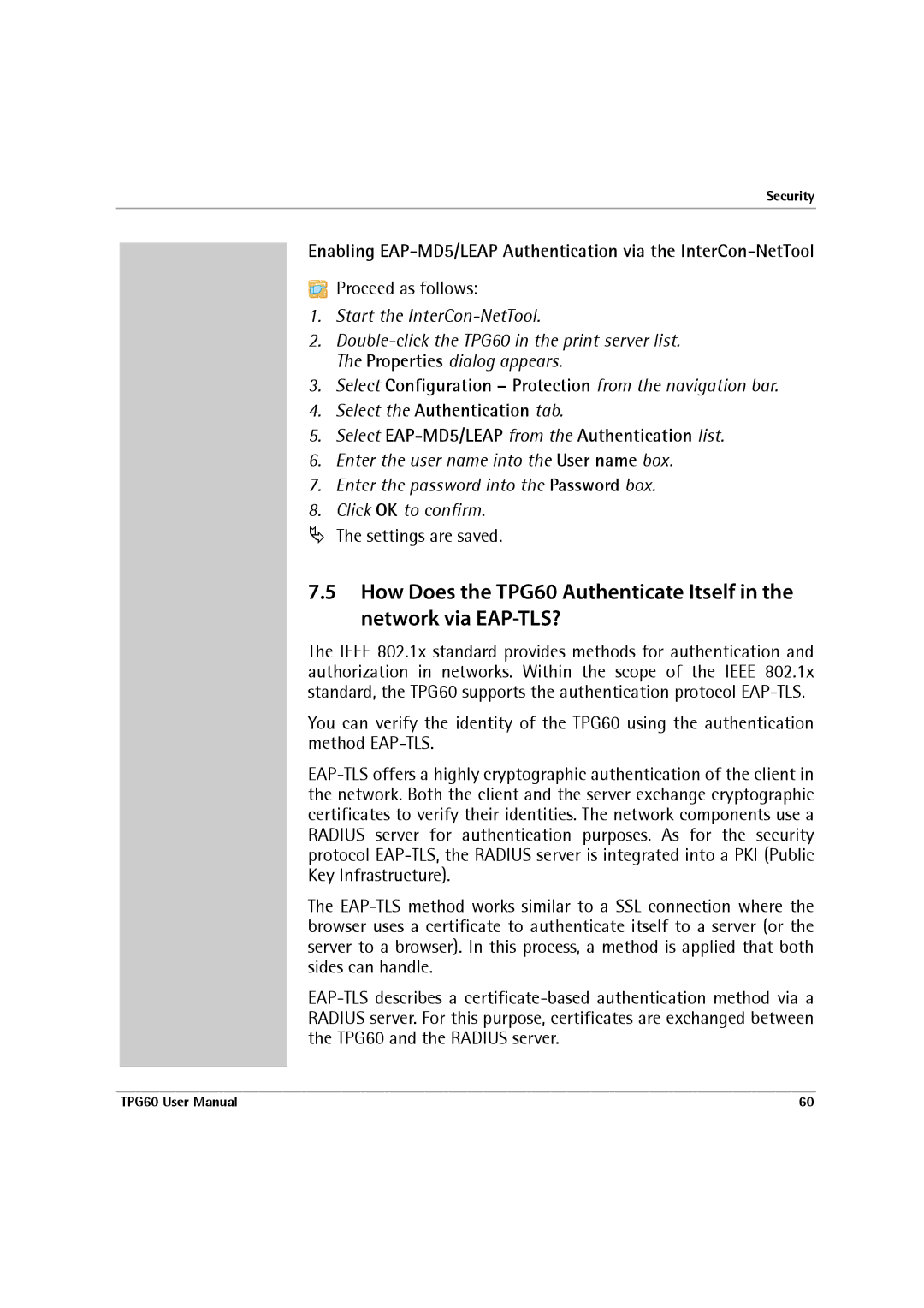 SEH Computertechnik TPG60 user manual Select EAP-MD5/LEAP from the Authentication list 