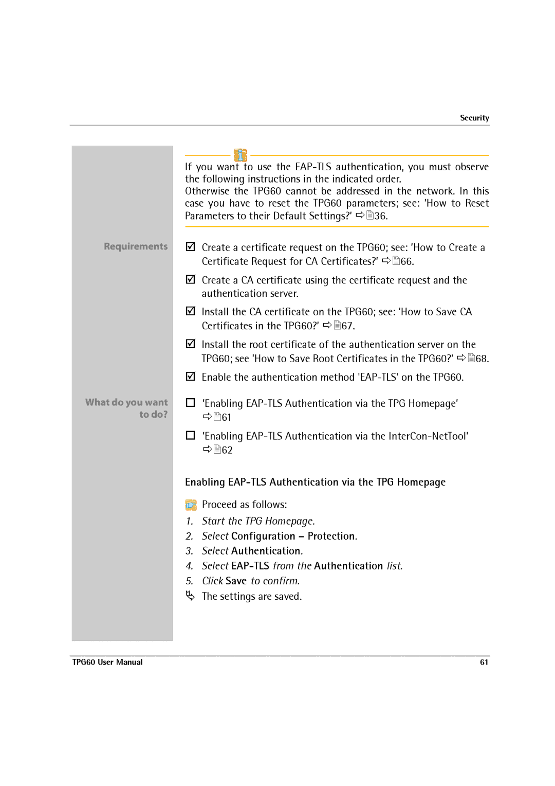 SEH Computertechnik TPG60 user manual Enabling EAP-TLS Authentication via the TPG Homepage 