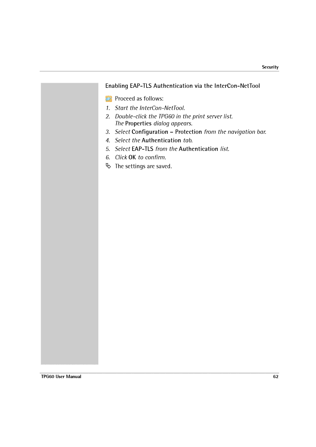 SEH Computertechnik TPG60 user manual Enabling EAP-TLS Authentication via the InterCon-NetTool 