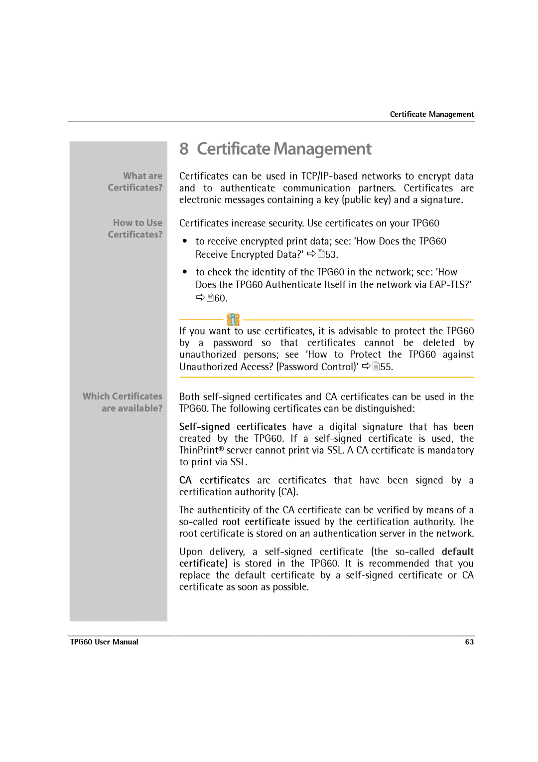 SEH Computertechnik TPG60 user manual Certificate Management 