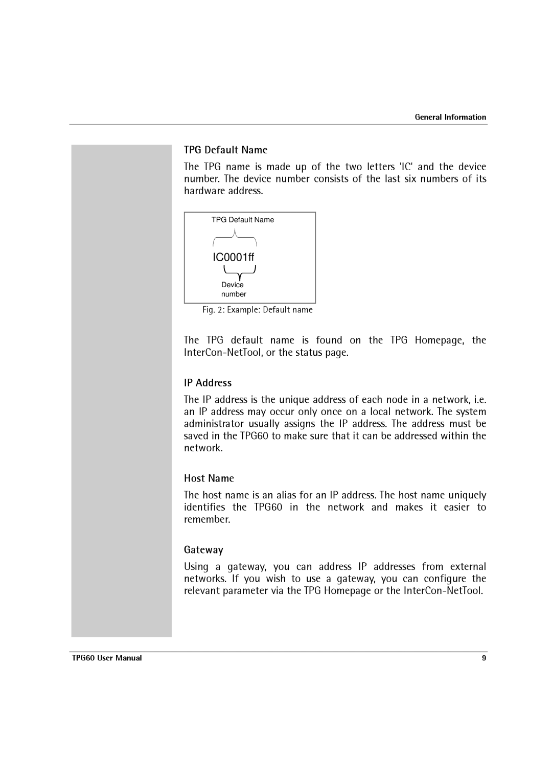 SEH Computertechnik TPG60 user manual TPG Default Name, IP Address, Host Name, Gateway 