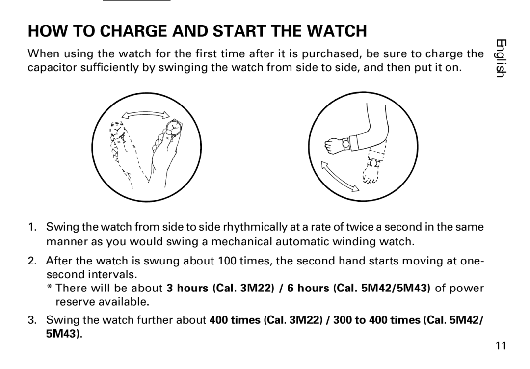 Seiko 5M43, 3M22, 5M42 manual HOW to Charge and Start the Watch 