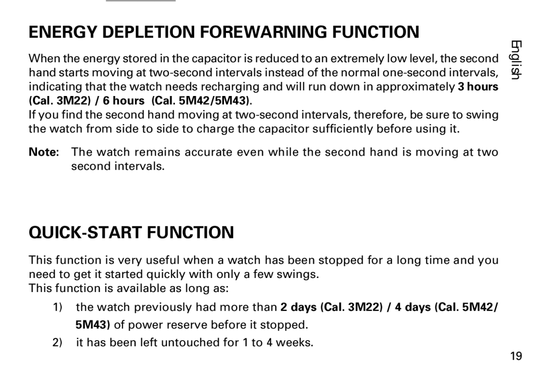 Seiko 5M42, 3M22, 5M43 manual Energy Depletion Forewarning Function, QUICK-START Function 