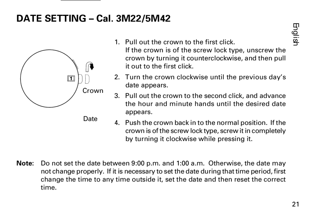 Seiko 3M22, 5M43 manual Date Setting Cal M22/5M42 