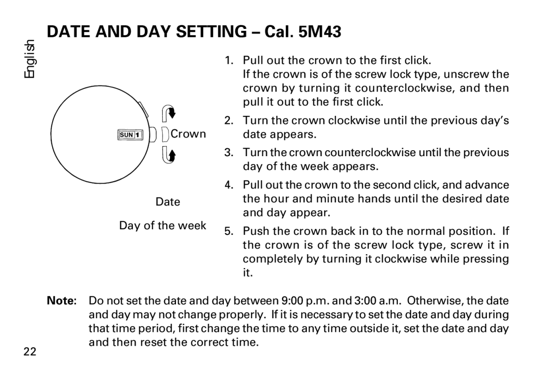 Seiko 5M42, 3M22, 5M43 manual Date and DAY Setting Cal M43 