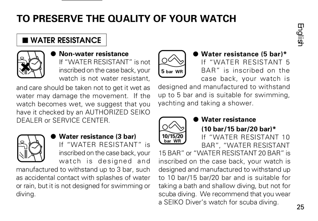 Seiko 5M42, 3M22, 5M43 manual To Preserve the Quality of Your Watch, Non-water resistance, Water resistance 3 bar 