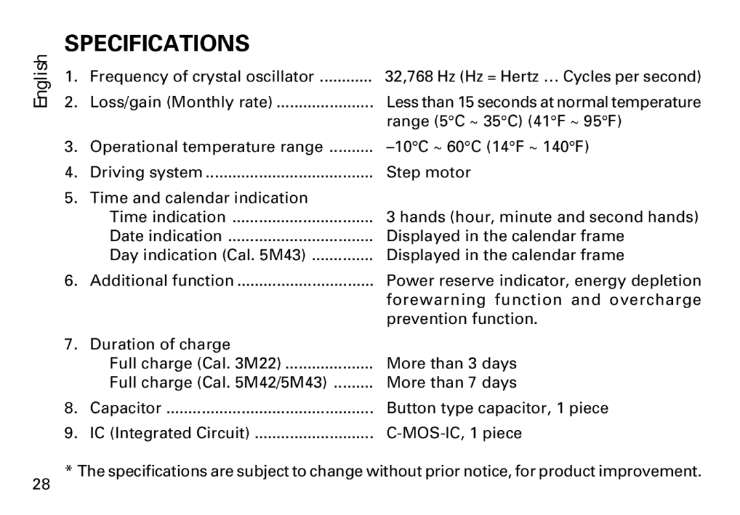 Seiko 5M42, 3M22, 5M43 manual Specifications 