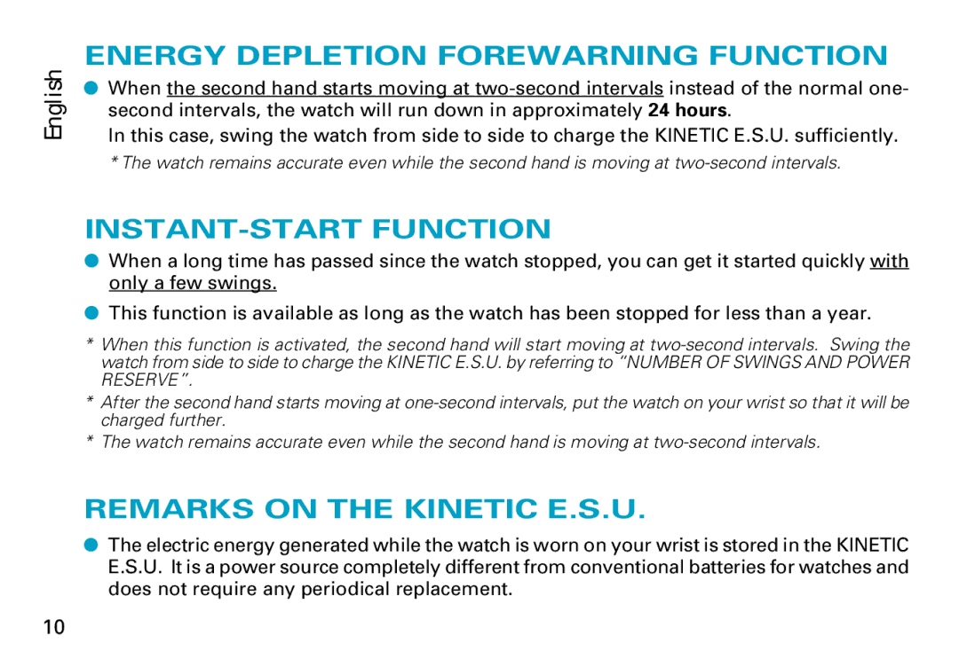 Seiko 5M62, 3M62, 5M63 manual Energy Depletion Forewarning Function, INSTANT-START Function, Remarks on the Kinetic E.S.U 