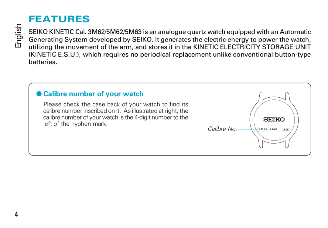 Seiko 5M62, 3M62, 5M63 manual Features, Calibre number of your watch 