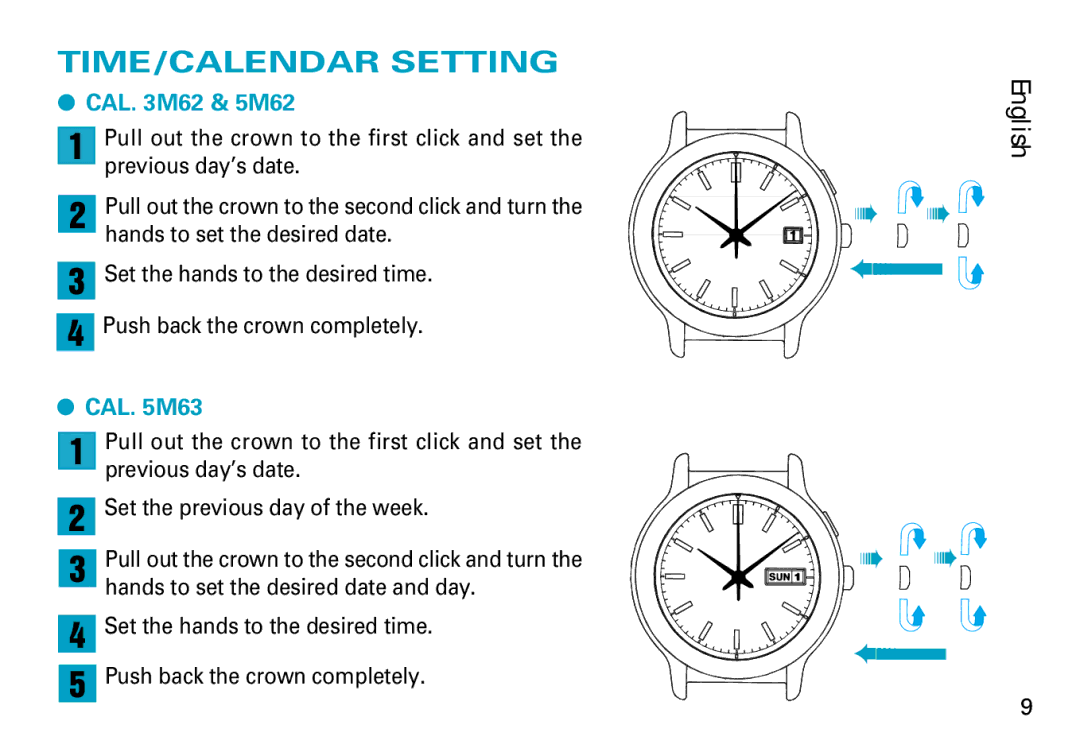 Seiko 3M62, 5M63 manual TIME/CALENDAR Setting, CAL M62 & 5M62 