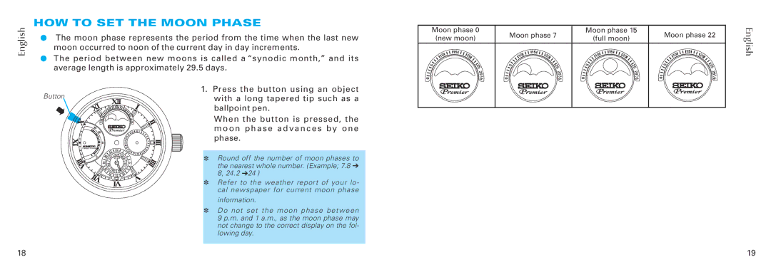 Seiko 5d88 manual How to set the moon phase, English 