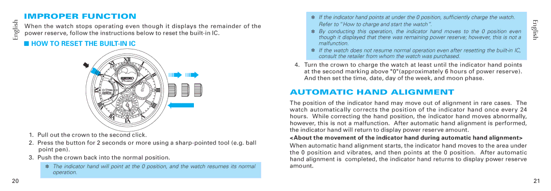 Seiko 5d88 manual Improper Function, How to reset the built-in IC, Automatic Hand Alignment 