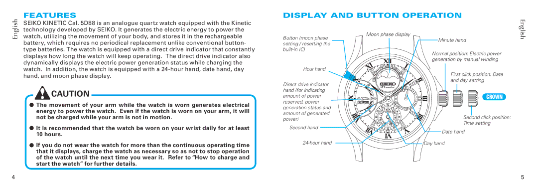 Seiko 5d88 manual Features, Display and Button Operation 