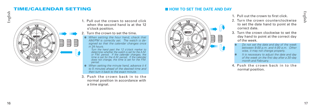 Seiko 5d88 TIME/CALENDAR Setting, How to set the date and day, English, Push the crown back in to the normal position 