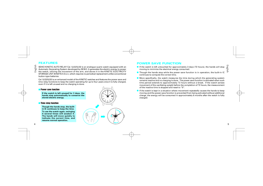 Seiko 5J32, 5J22 manual Features, Power Save Function, Moving to minimize the electrical energy consumed 