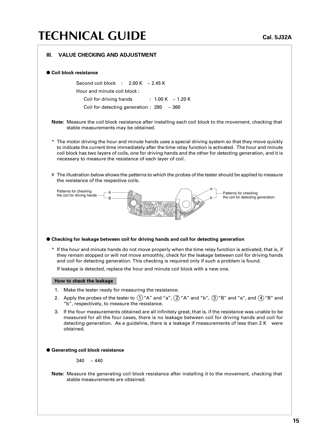 Seiko 5J32A specifications III. Value Checking and Adjustment, Coil block resistance, How to check the leakage 