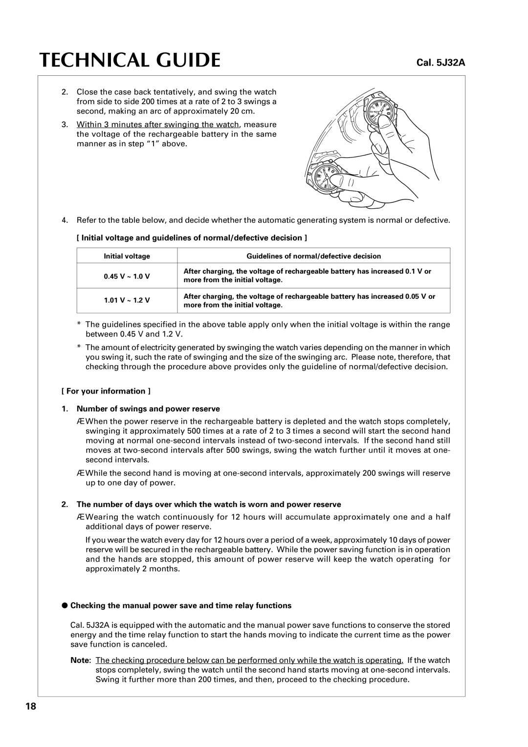 Seiko 5J32A specifications Initial voltage and guidelines of normal/defective decision 