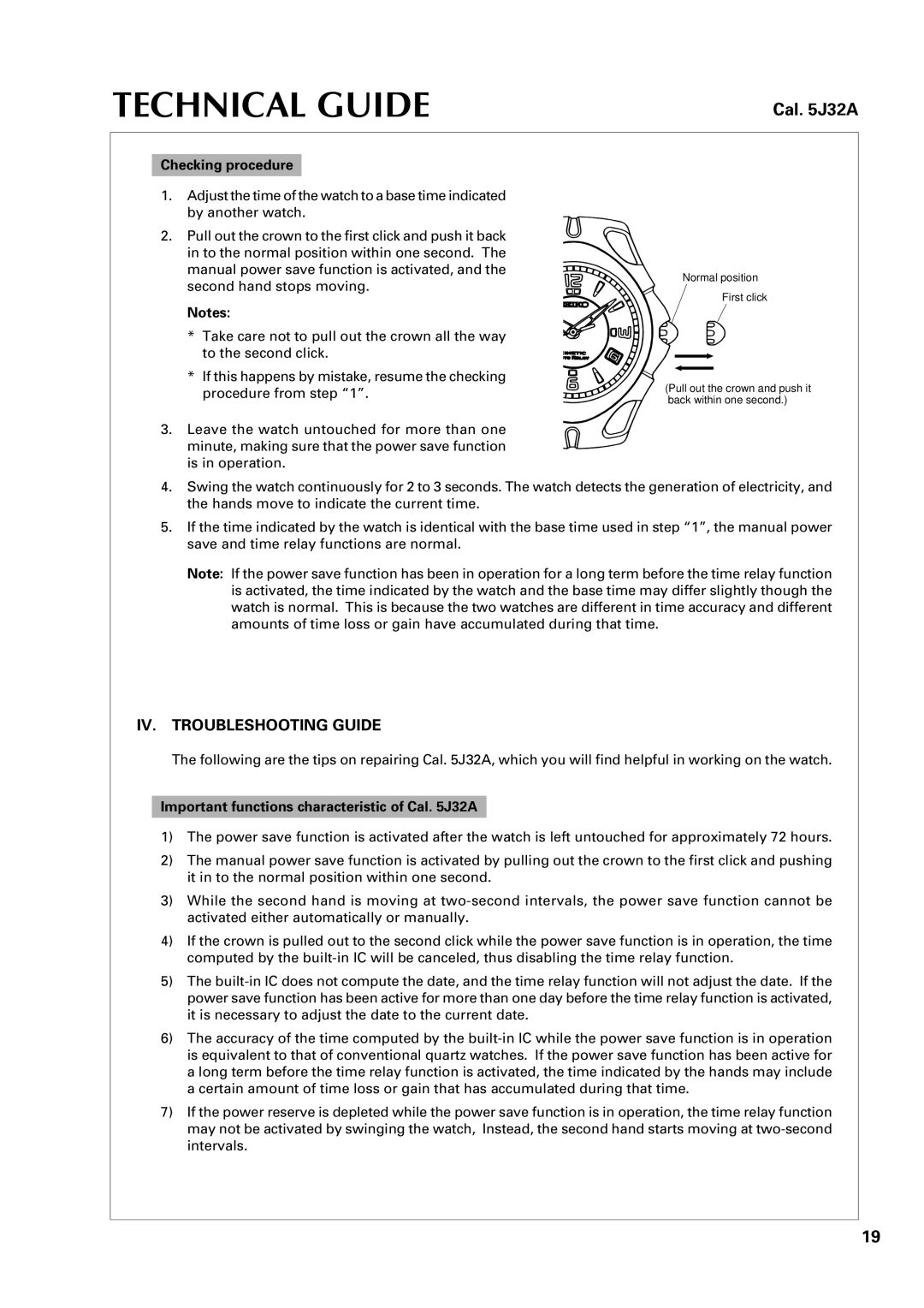 Seiko 5J32A specifications IV. Troubleshooting Guide, Checking procedure, Important functions characteristic of Cal J32A 