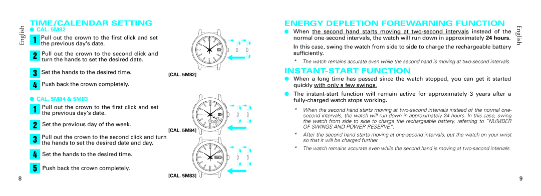 Seiko 5M82 TIME/CALENDAR Setting, Energy Depletion Forewarning Function, INSTANT-START Function, CAL M82, CAL M84 & 5M83 