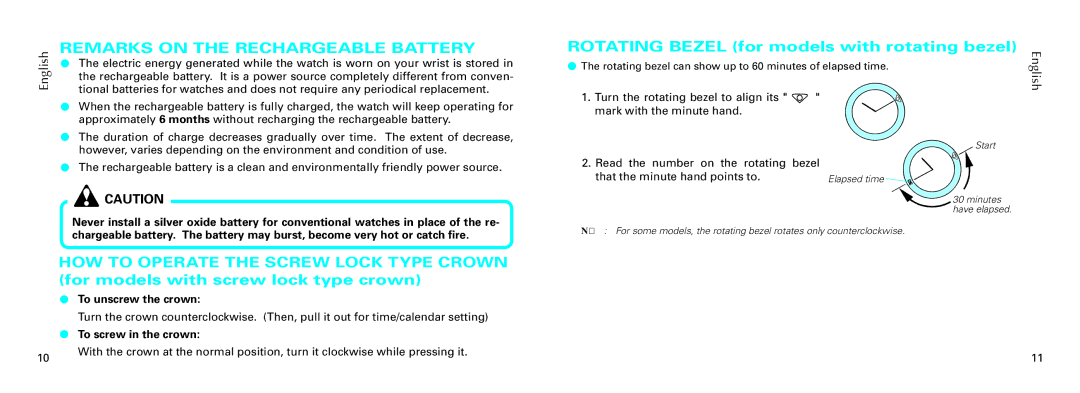 Seiko 5M82 manual Remarks on the Rechargeable Battery, Rotating Bezel for models with rotating bezel 