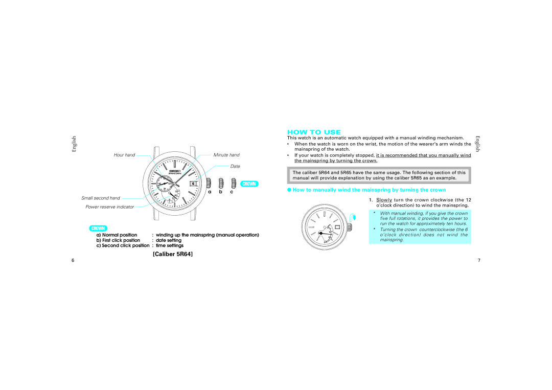 Seiko 5R64, 5R65 HOW to USE, How to manually wind the mainspring by turning the crown 