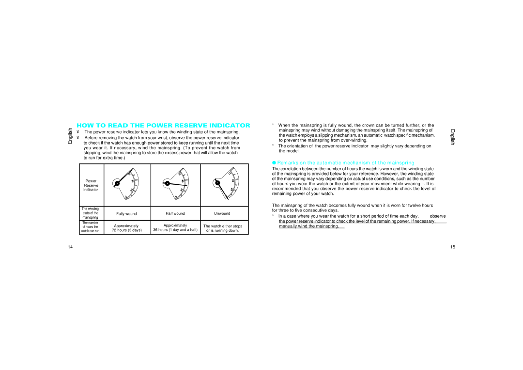 Seiko 5R64, 5R65 manual HOW to Read the Power Reserve Indicator, Remarks on the automatic mechanism of the mainspring 