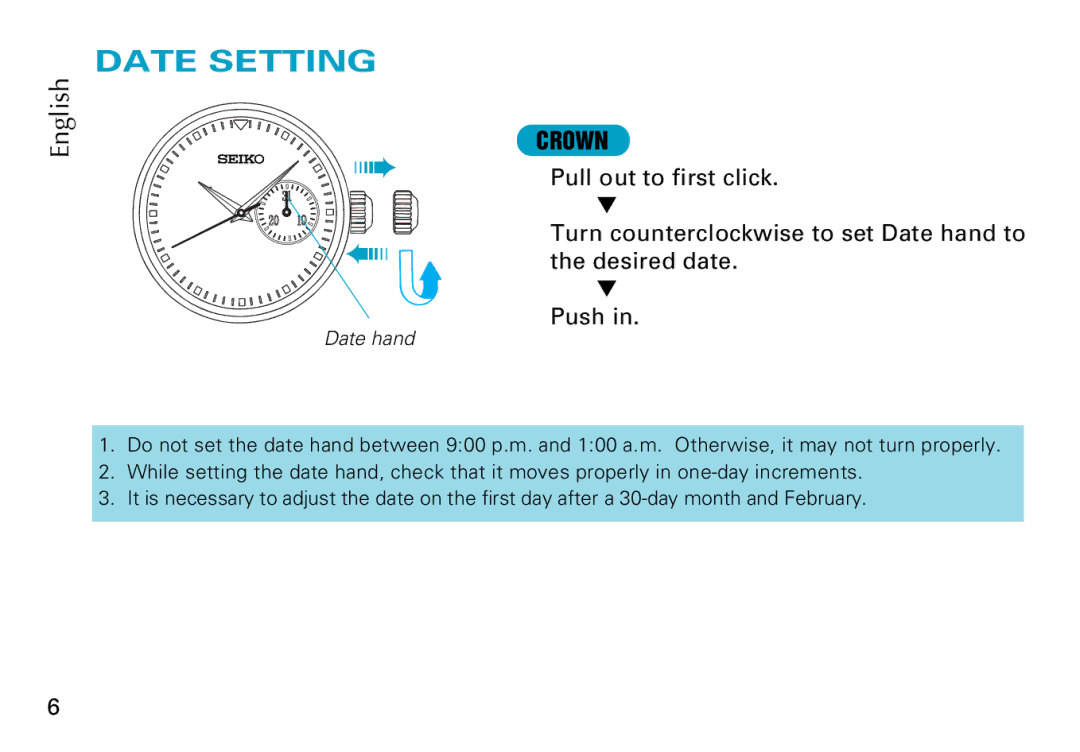 Seiko 5Y66, 5Y67 manual Date Setting 