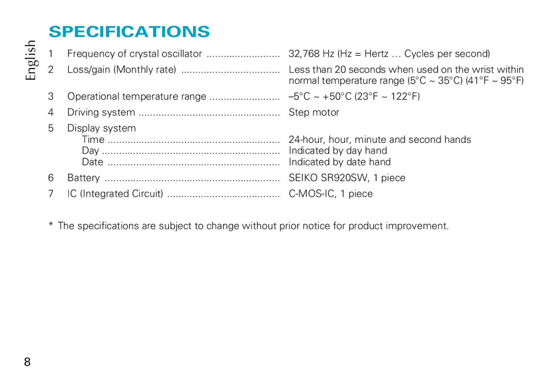 Seiko 5Y66, 5Y67 manual Specifications 