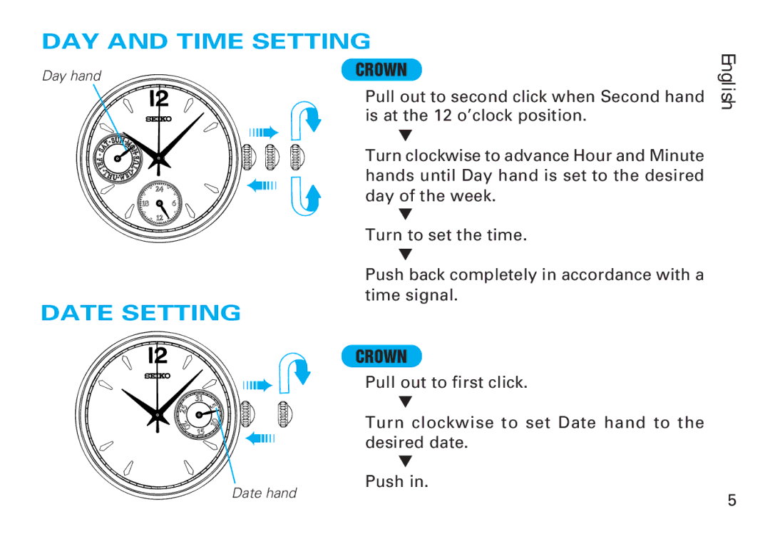 Seiko 5Y89 manual DAY and Time Setting, Date Setting 