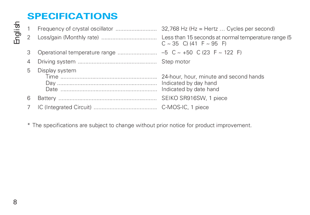 Seiko 5Y89 manual Specifications 