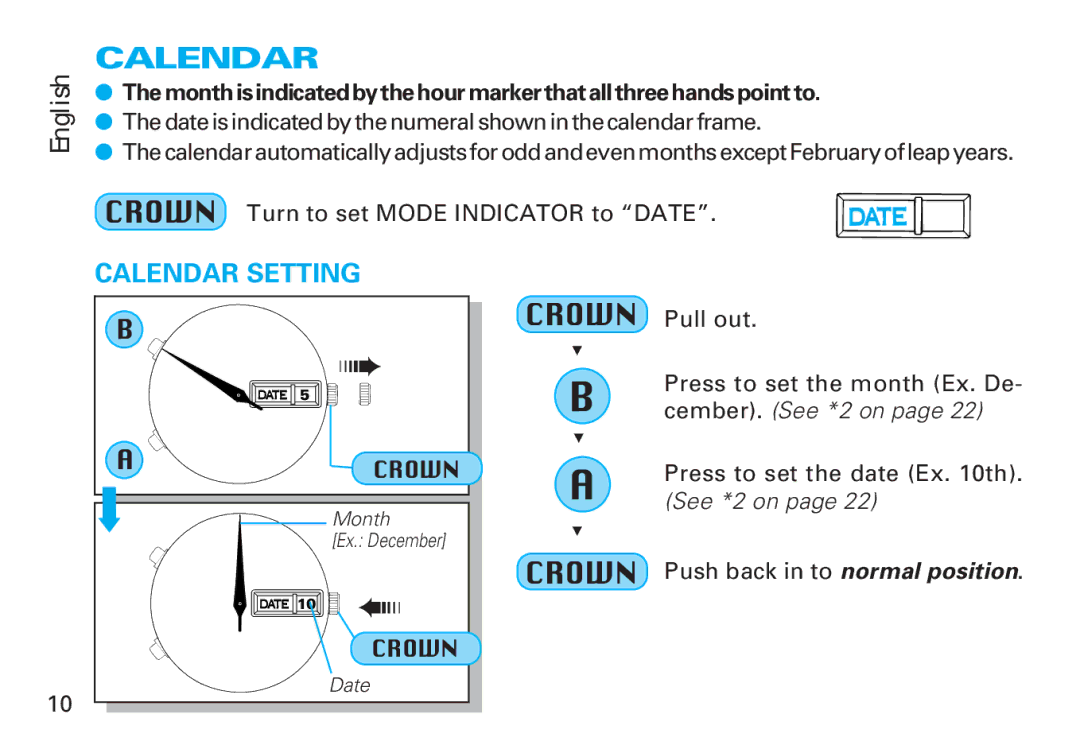 Seiko 6M25, 6M26 manual Calendar Setting, Themonthisindicatedbythehourmarkerthatallthreehandspointto 