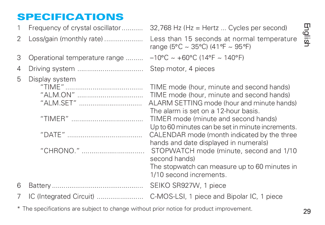 Seiko 6M26, 6M25 manual Specifications, Chrono 