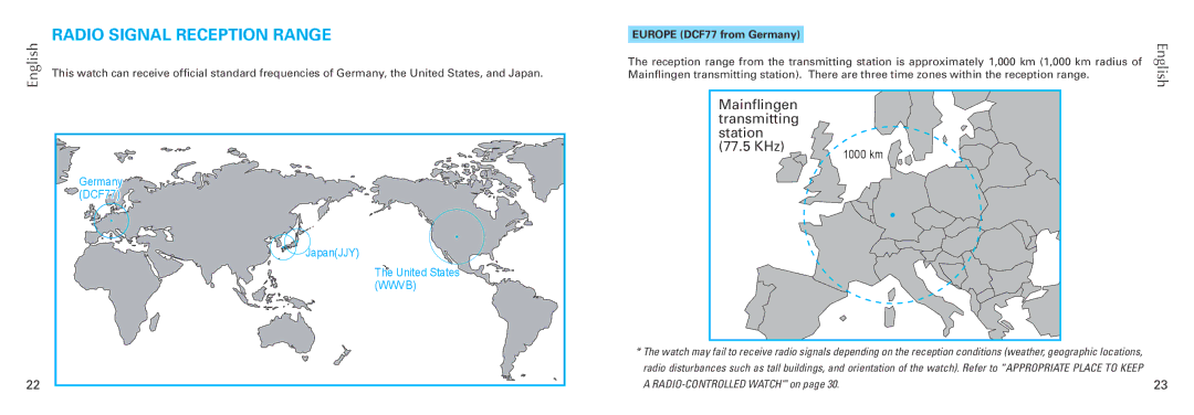 Seiko 7B26 manual Radio Signal Reception Range, Germany DCF77 JapanJJY United States Wwvb 