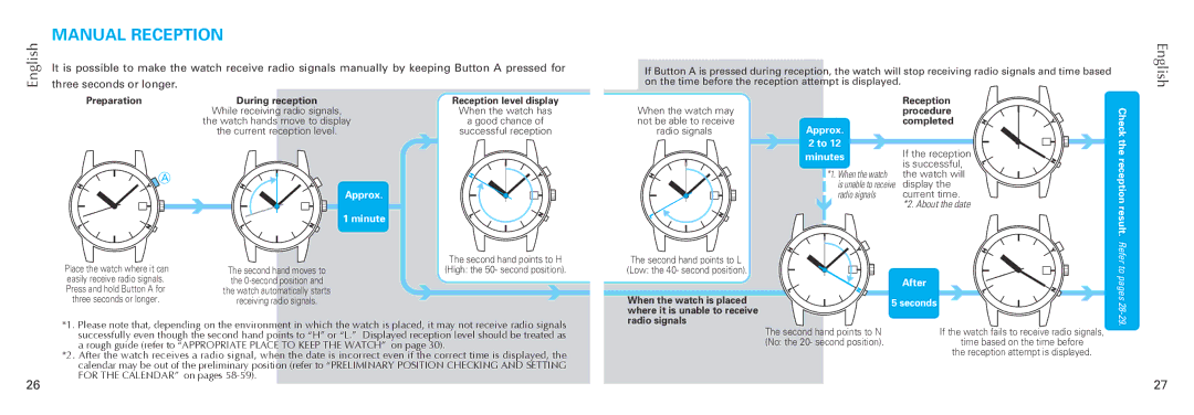 Seiko 7B26 manual Manual Reception, Three seconds or longer 