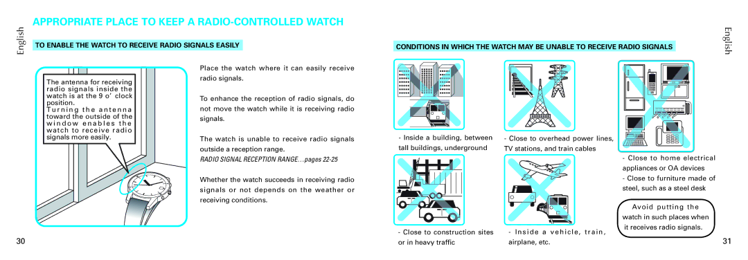 Seiko 7B26 manual Appropriate Place to Keep a RADIO-CONTROLLED Watch, To Enable the Watch to Receive Radio Signals Easily 