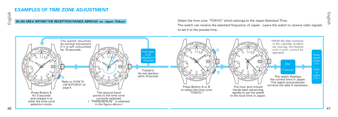 Seiko 7B26 manual Examples of Time Zone Adjustment, Crown cannot be operated 