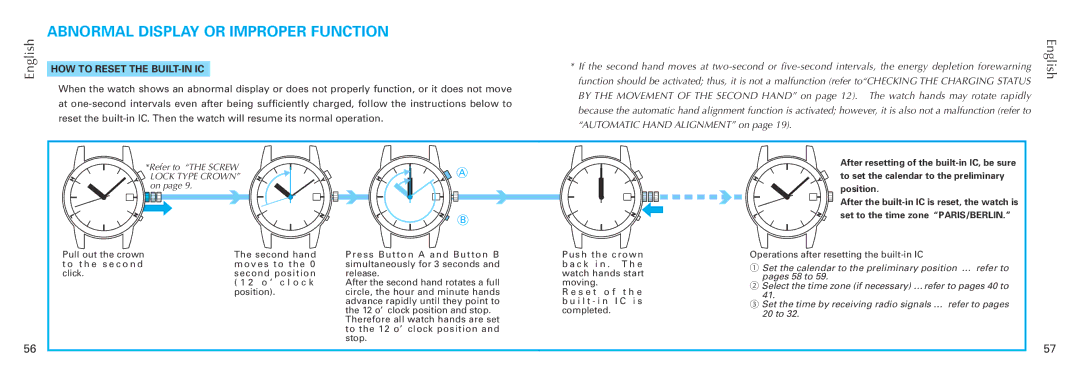 Seiko 7B26 manual Abnormal Display or Improper Function, HOW to Reset the BUILT-IN IC 